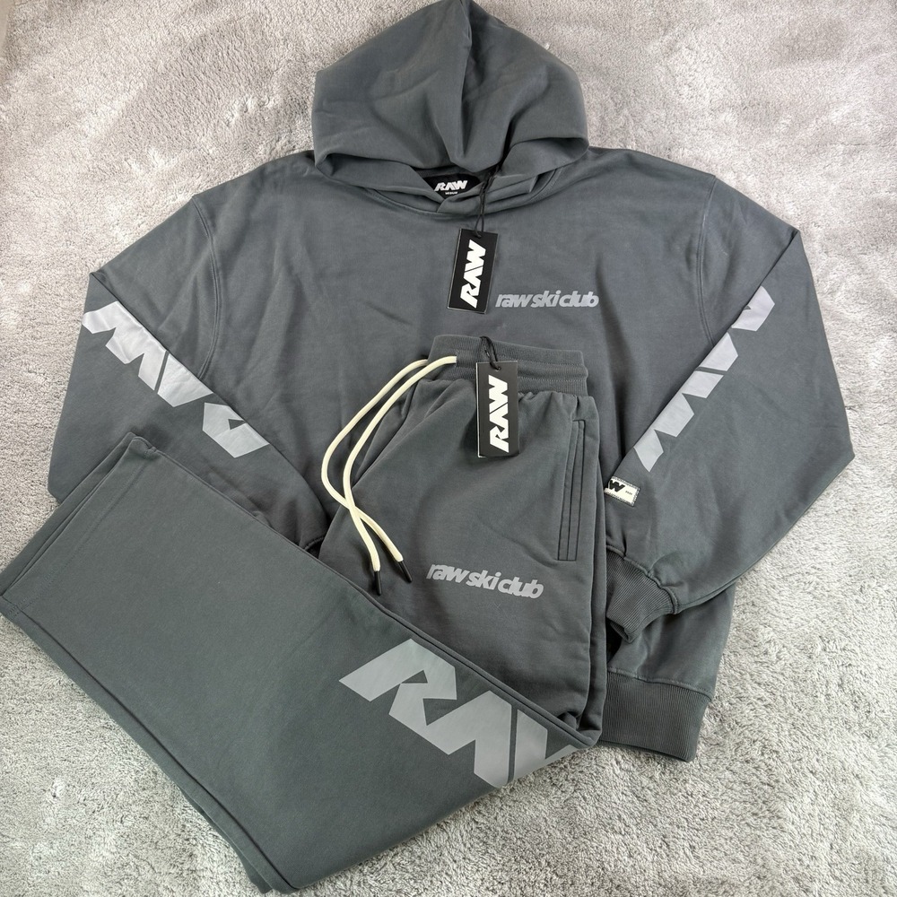 RAW Ski Club Hoodie Jogger Set Mens Heavy Gray Graphic Sweatpants Streetwear